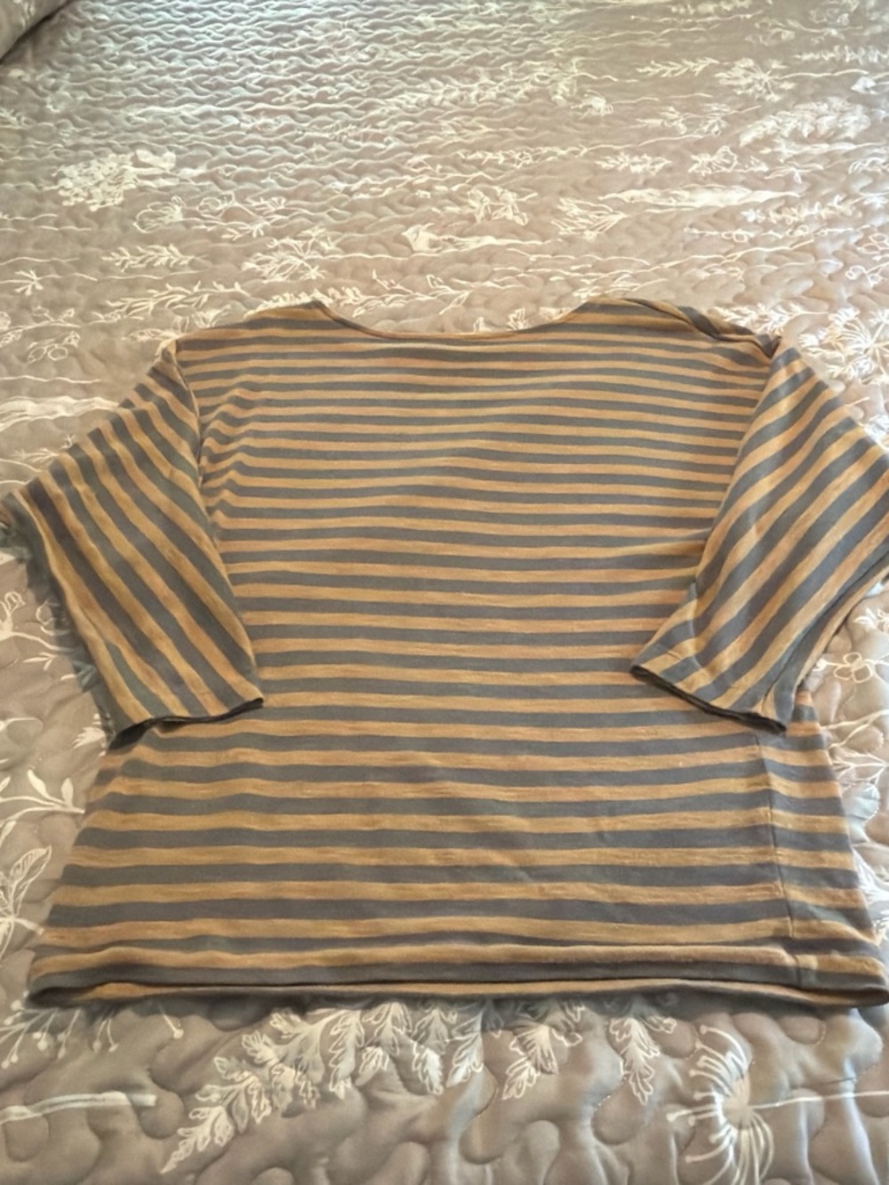 CAbi Striped Boatneck Top in Mustard and Slate